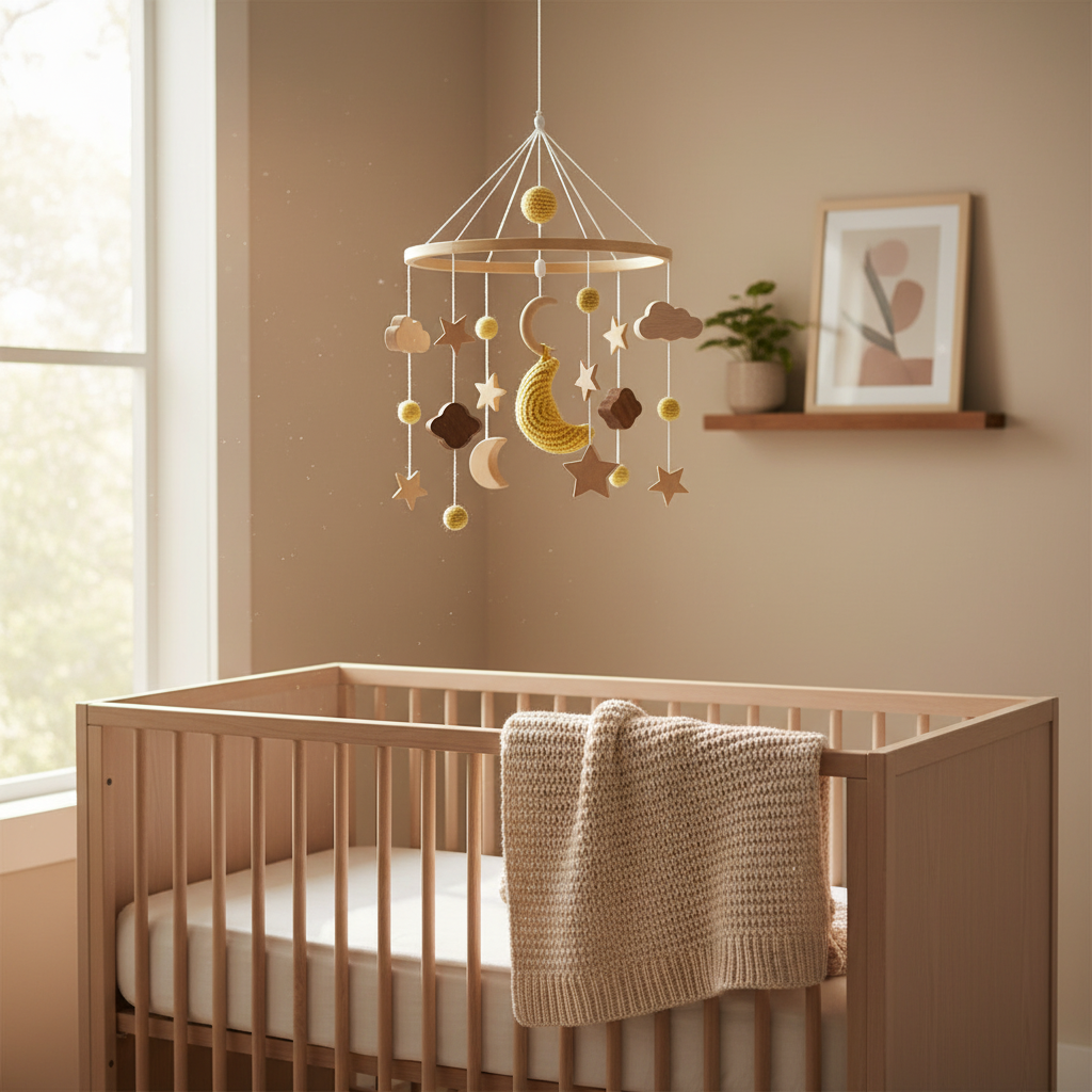 Scandinavian nursery with yellow moon mobile