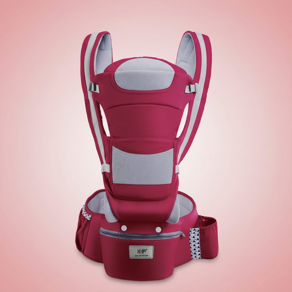 Solid red baby carrier with light red background