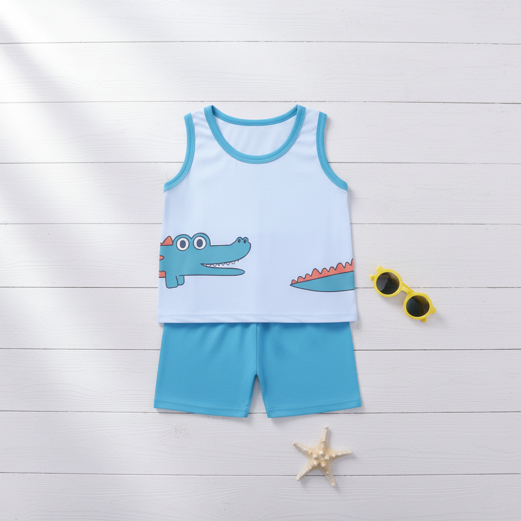 Summer flat lay product photo of baby crocodile clothing set