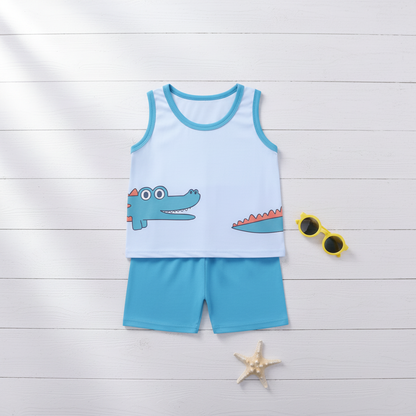 Summer flat lay product photo of baby crocodile clothing set