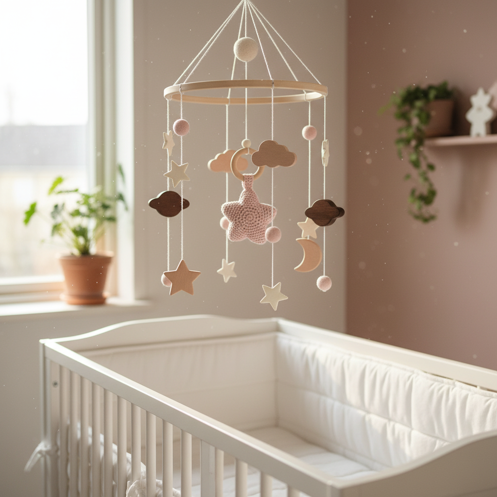Sunlit nursery with pink star mobile