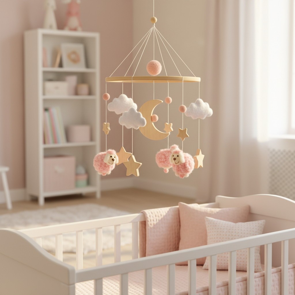 Sweet nursery with pink sheep mobile