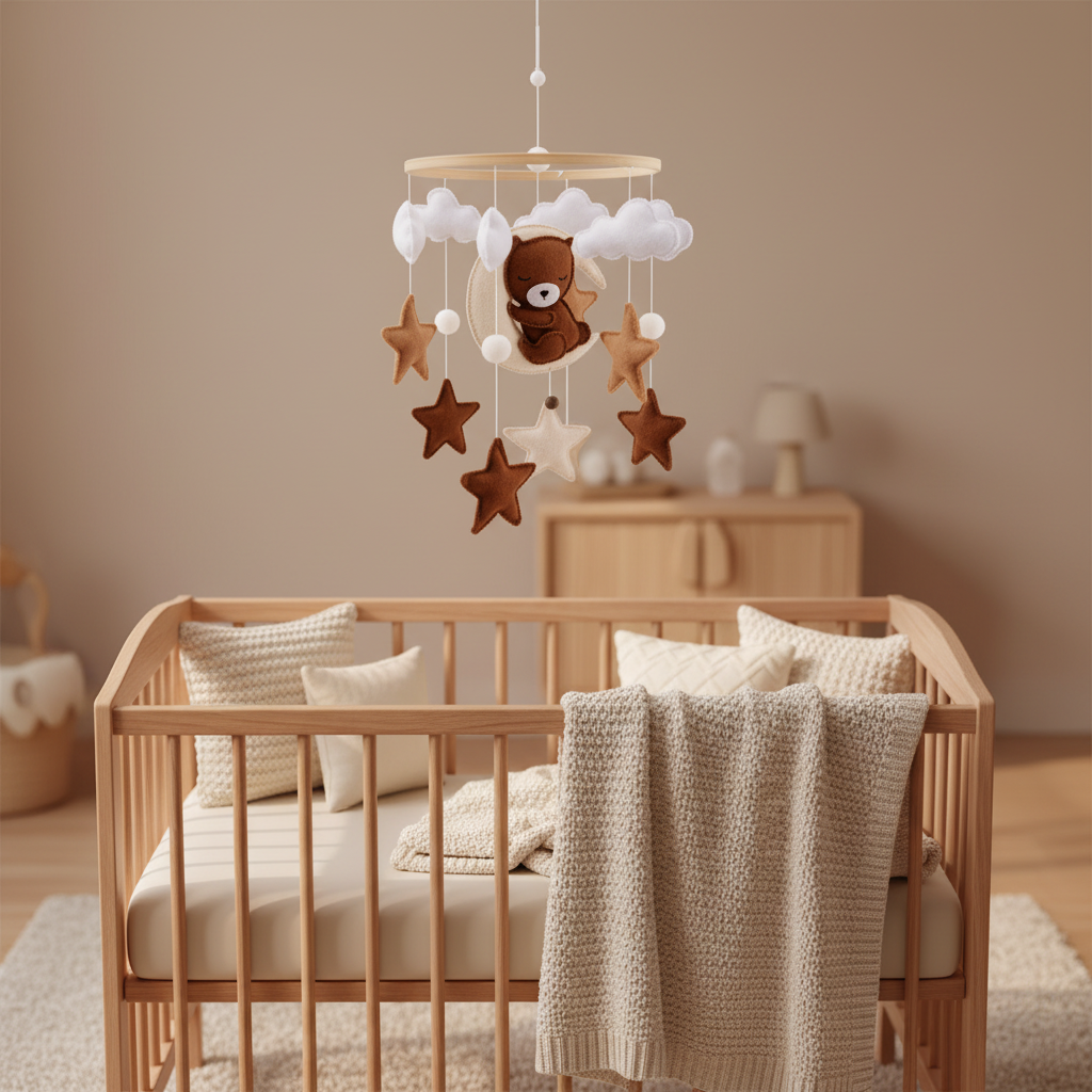 Warm nursery with sleeping bear mobile